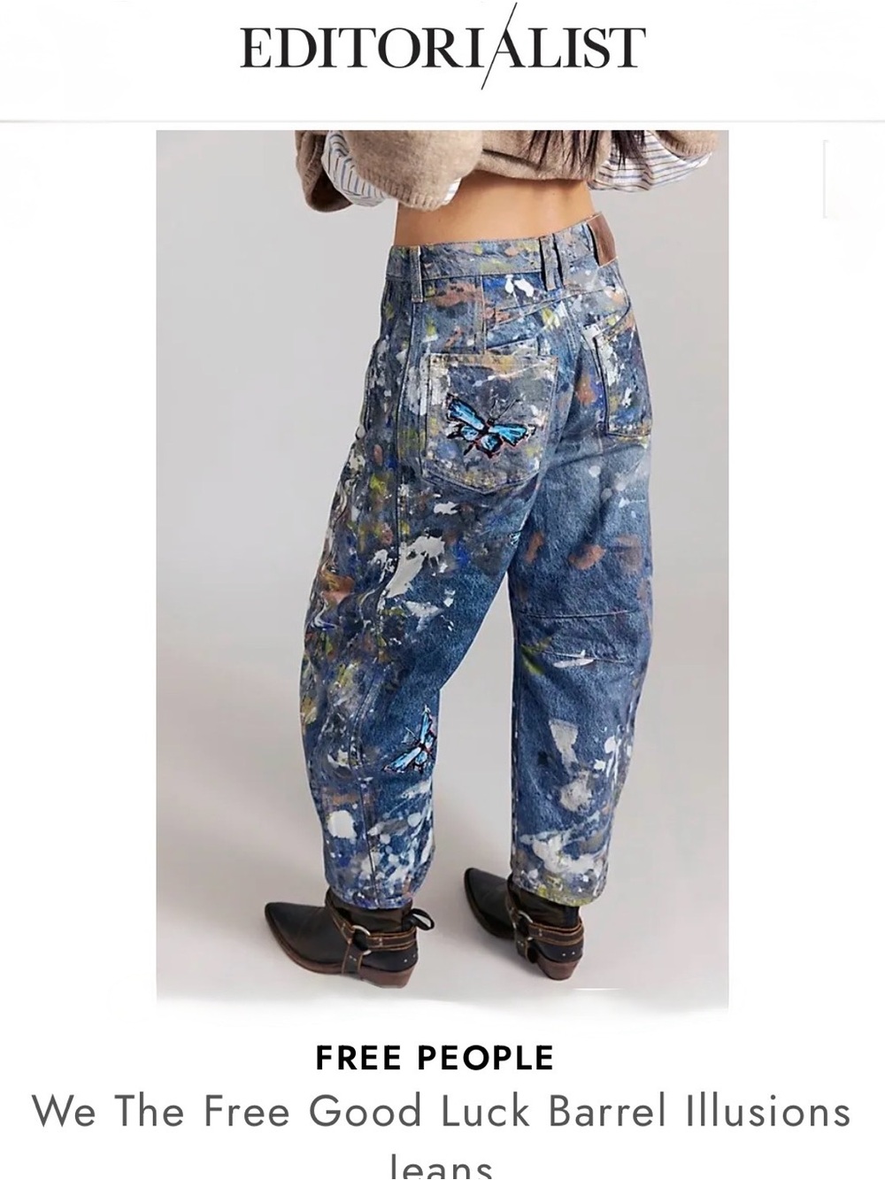 Free People Blue Paint-Splatter Wide-Leg Jeans with Butterfly Motif - Picture 5 of 15
